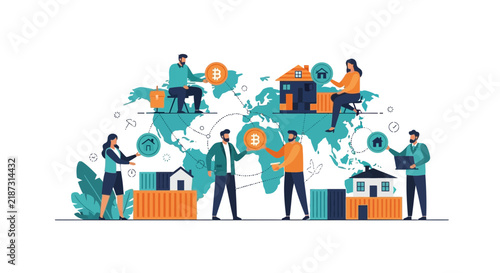 Global Real Estate Investment and Cryptocurrency Trade Concept Illustration