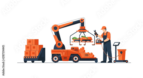 Smart Agriculture Illustration with Technician Operating Robotic Arm for Food Packaging and Logistics