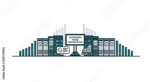 Automated Trade Confirmation Concept Illustration with Data Servers and Financial Charts for FinTech and Stock Market Analysis