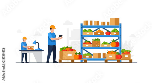 Food Warehouse Workers Managing Fresh Produce Inventory and Logistics Distribution