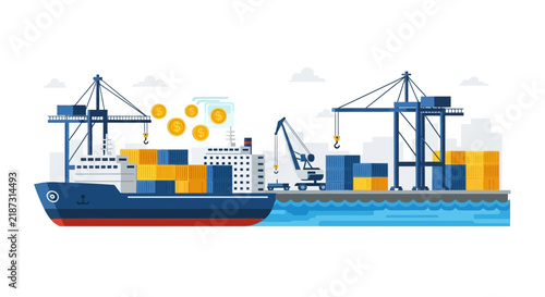 Global Logistics and Port Terminal Illustration with Cargo Ship and Floating Coins