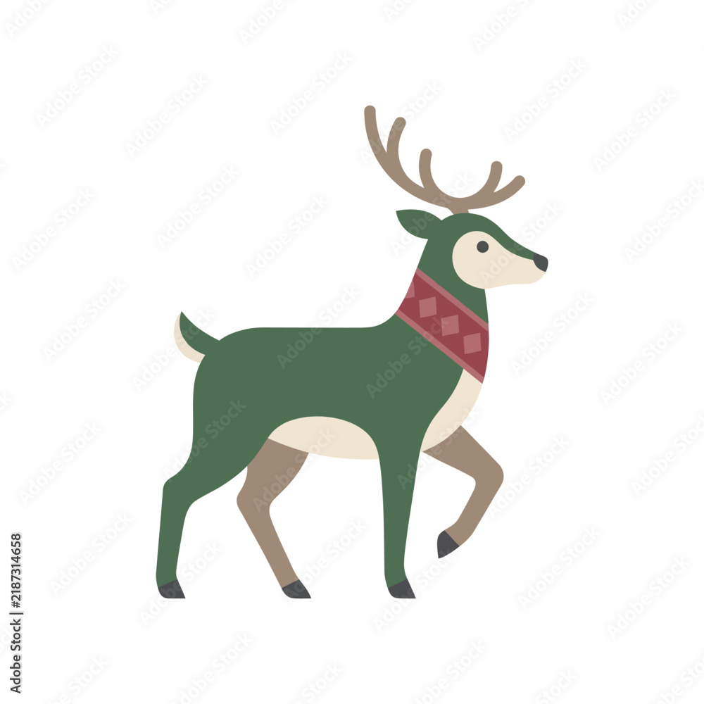 Obraz premium Christmas Day, Minimalist Christmas reindeer vector illustration, festive green deer with red scarf, winter holiday animal character isolated on White Background