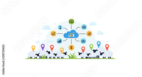 Smart Farming and Agritech Concept Illustration with IoT Sheep Tracking and Cloud Data Analytics