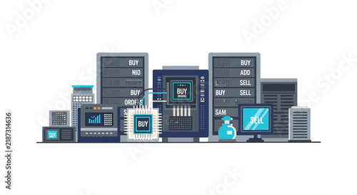 Flat Vector Illustration of Financial Data Center and High-Frequency Trading Servers