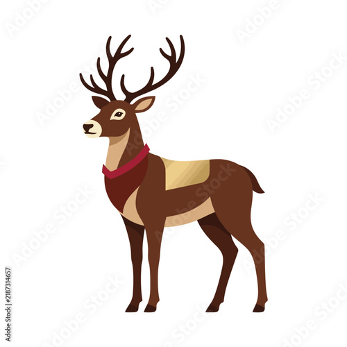 Christmas day, Majestic reindeer vector illustration with large antlers, festive brown deer wearing a red scarf, holiday wildlife animal character for Christmas design isolated on White