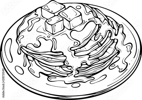 Plate of thin pancakes topped with syrup and butter cubes. Breakfast food menu. For stickers and coloring page. Vector illustration in hand drawn doodle sketch style. Line art isolated on white