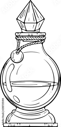 Round decorative bottle for potion or perfume with diamond shaped cap, rope and decorative tag. Glass vial with liquid. Vector illustration in hand drawn sketch style. Line art isolated on white