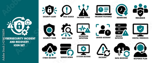 Incident and Recovery Icon Set. Security Alert, Incident Response, Data Recovery, Digital Forensics, Backup,Recovery Solid Icons Collection.
