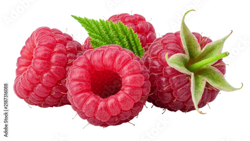 Obraz na płótnie Fresh ripe raspberries with green leaves and calyx, isolated on transparent back