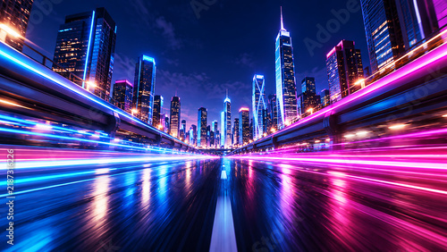 Futuristic city highway at night with vibrant motion blur light trails