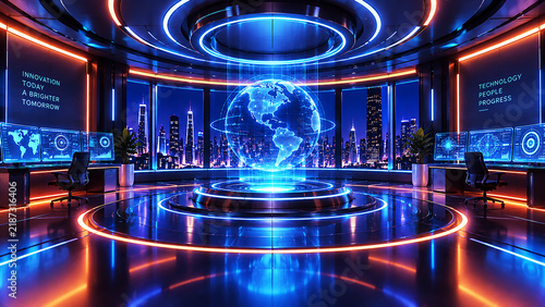 Futuristic hightech command center with holographic globe
