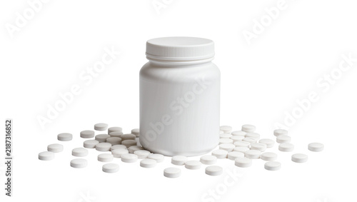 Canvastavla White plastic pill bottle with scattered white round tablets, isolated on transp