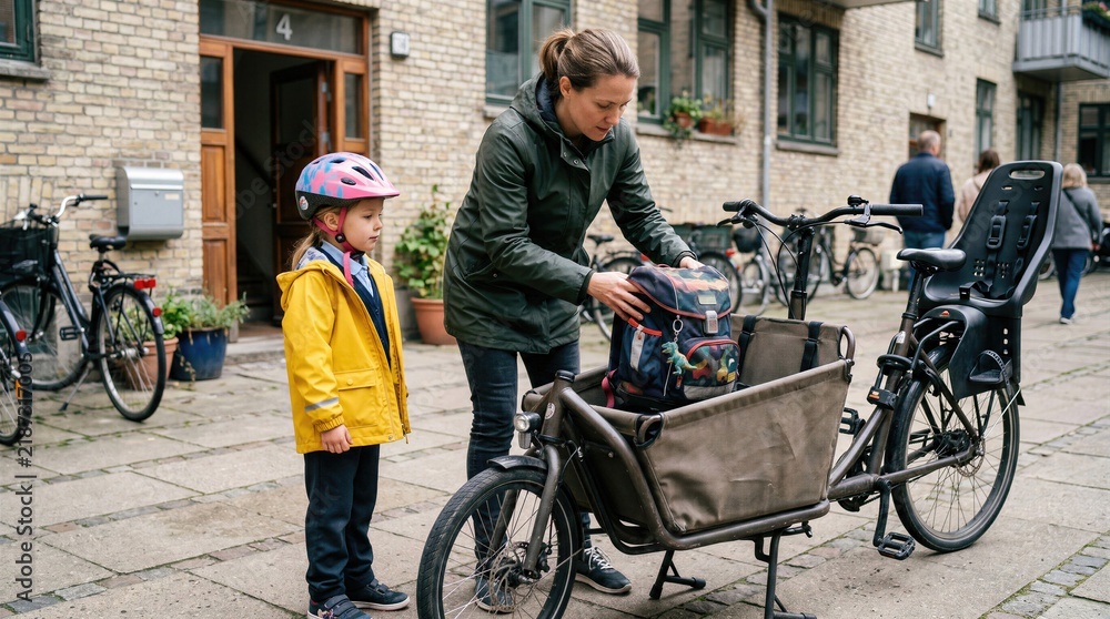 Obraz premium School commute preparation with parent loading backpack onto bicycle while child waits nearby, illustrating busy routine and organized family mobility.