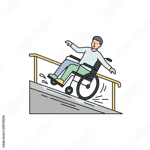 Man in wheelchair falling on wet ramp