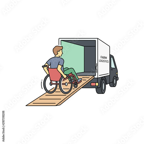 Man in wheelchair loading onto truck ramp