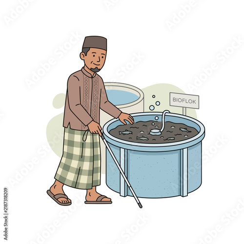 Man in traditional clothing tending to aquaculture system