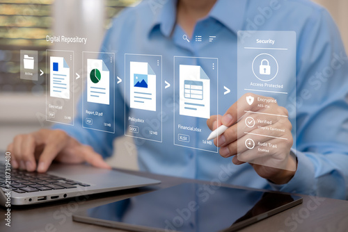 Foto Secure digital repository for business documents with encryption, access protection, verification and audit trail, representing records management, data governance and enterprise document security