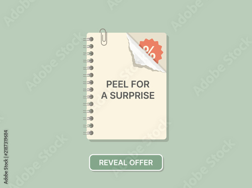 Notebook with peel off corner reveal surprise offer vector illustration.