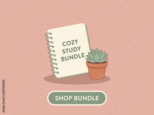 Cozy study bundle illustration with spiral notebook and potted succulent plant graphic.
