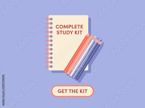 Complete study kit vector illustration with spiral notebook and colored pencils.