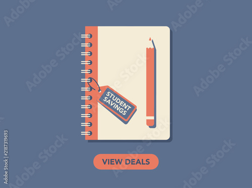 Notebook with pencil and student savings tag illustration for education discount deals.