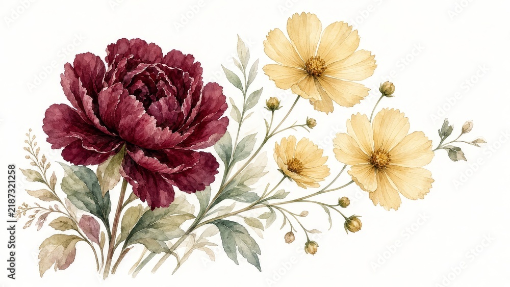 Fototapeta premium Watercolor Burgundy Peony and Yellow Cosmos Floral Arrangement Illustration
