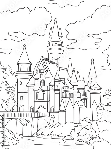 Magical fairytale castle with towers, bridge, and clouds vector line art illustration. Enchanted medieval palace landscape, perfect for fantasy coloring book pages for kids and adults.