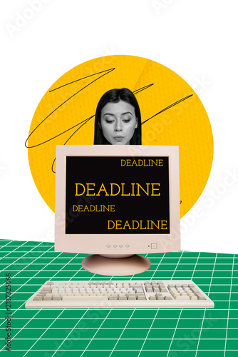 Fotografía Vertical collage picture young girl look computer screen monitor deadline time m
