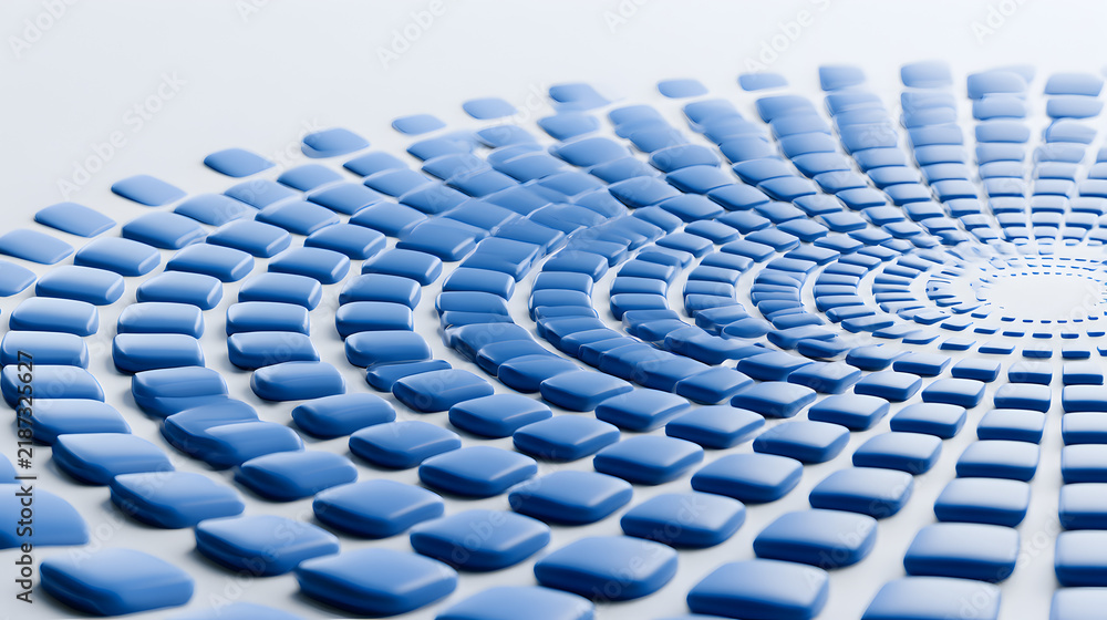 Fototapeta premium Abstract 3D render of floating blue rounded squares forming a spiral pattern on a grey background. Minimalist tech concept