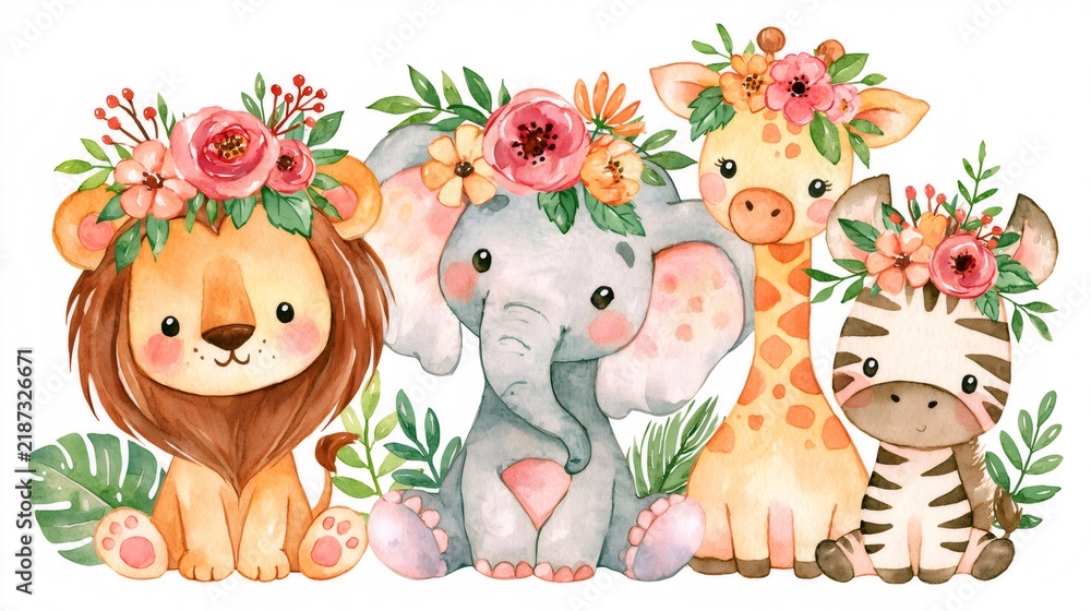 Obraz premium Cute watercolor safari baby animals with flowers