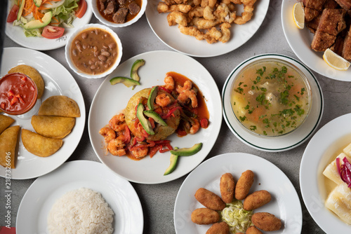 Assortment of traditional Caribbean and Dominican dishes on a table
