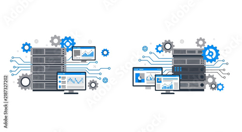 Data Center Infrastructure and Network Analytics Vector Illustration Set with Servers, Monitors, and Gears