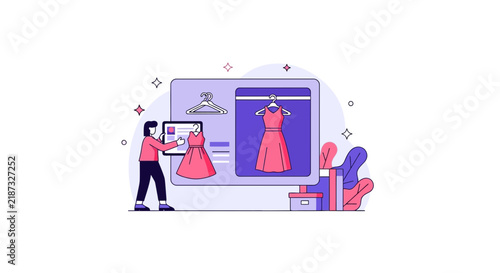 Digital fashion shopping illustration featuring a woman selecting dresses via mobile tablet and computer interface.