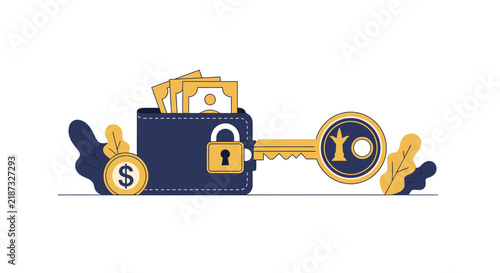 Strategic Money Security Illustration: Wallet with Padlock and Key Representing Wealth Protection and Financial Planning