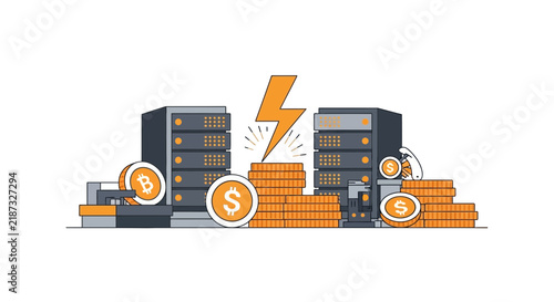Cryptocurrency Mining and Digital Finance Concept Illustration with Data Servers and Lightning Bolt