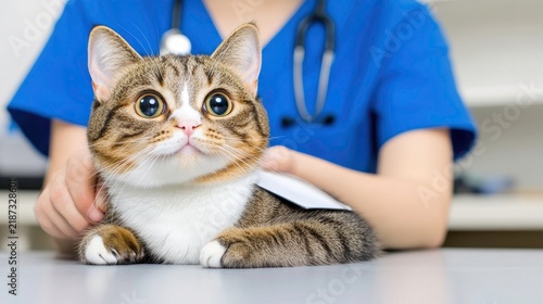 Caring veterinarian treats a tabby cat with pox at a pet clinic during a check-up session