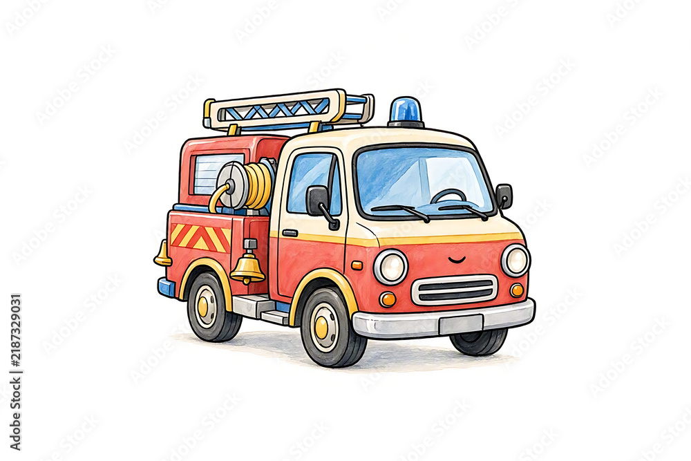 Fototapeta premium Cute colorful animated fire truck doodle compact fire engine
