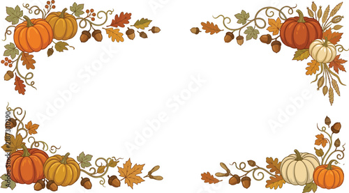 Thanksgiving Autumn Pumpkin Acorn Corner Frame Border Vector Illustration