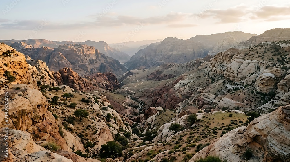 Fototapeta premium Desert canyon landscape at golden hour with dramatic rock formations and sparse vegetation