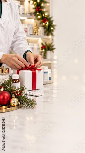 Pharmacist Preparing a Gift Box in a Festive Pharmacy Setting