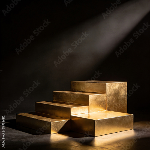 Cinematic gold podium on dark stage, empty round pedestal with bright spotlights and golden glitter, luxury award ceremony platform.