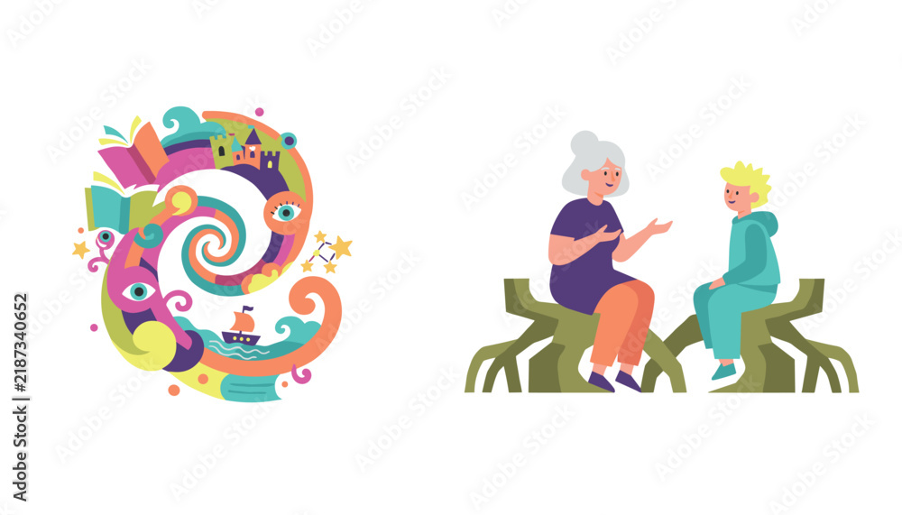 Fototapeta premium Elderly woman storytelling to a young boy sitting on tree roots with a magical spiral book imagination fantasy theme.