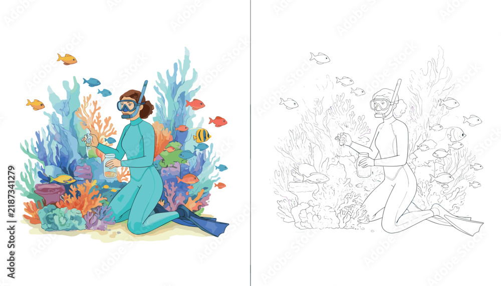 Fototapeta premium Diver with snorkel and mask exploring a vibrant coral reef and collecting samples in a glass jar.
