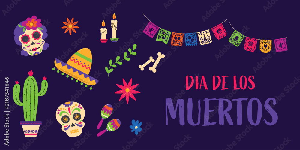 Fototapeta premium Dia de los Muertos holiday element set with sugar skulls and festive decorations