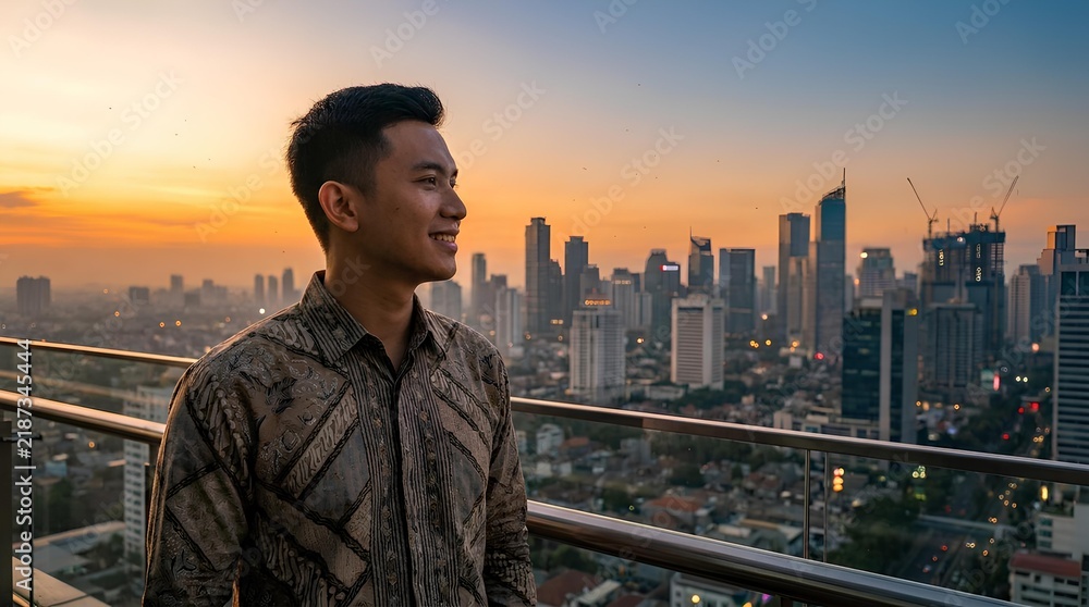 Obraz premium Man overlooking city skyline from balcony at dusk.