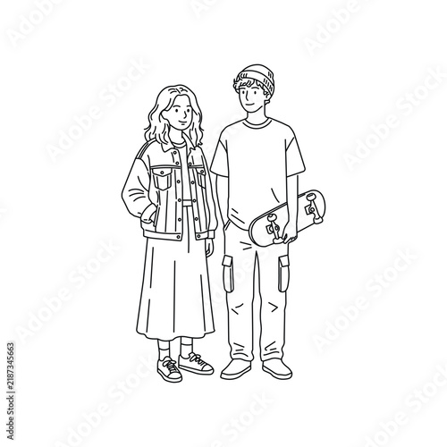 Young couple holding a skateboard in minimalist line art vector style