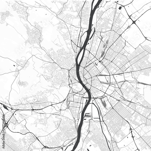 Minimal vector city map of Budapest with streets, parks and Danube River