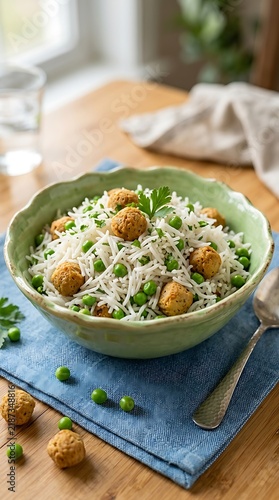 Vegetarian basmati rice pilaf with green peas and falafel, healthy grain bowl in green ceramic dish, rustic wooden table setting