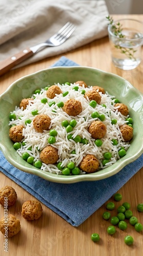 Vegetarian rice bowl with plant-based meatballs and green peas. Healthy basmati rice dish in a green ceramic bowl. Nutritious vegan meal on a wooden table.