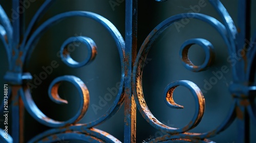Close-up of ornate wrought iron gate with rust and blue patina